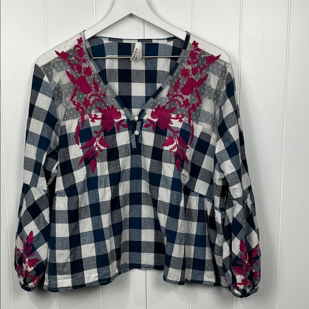 Roper Womens Blouse L Navy White Check Dark Pink Embroidery Lace Details Boxy